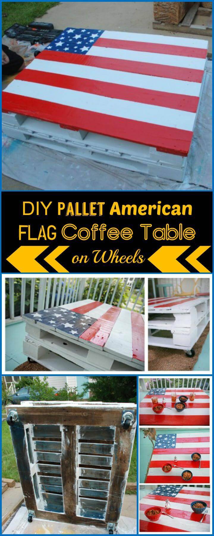 DIY pallet American flag coffee table on wheels